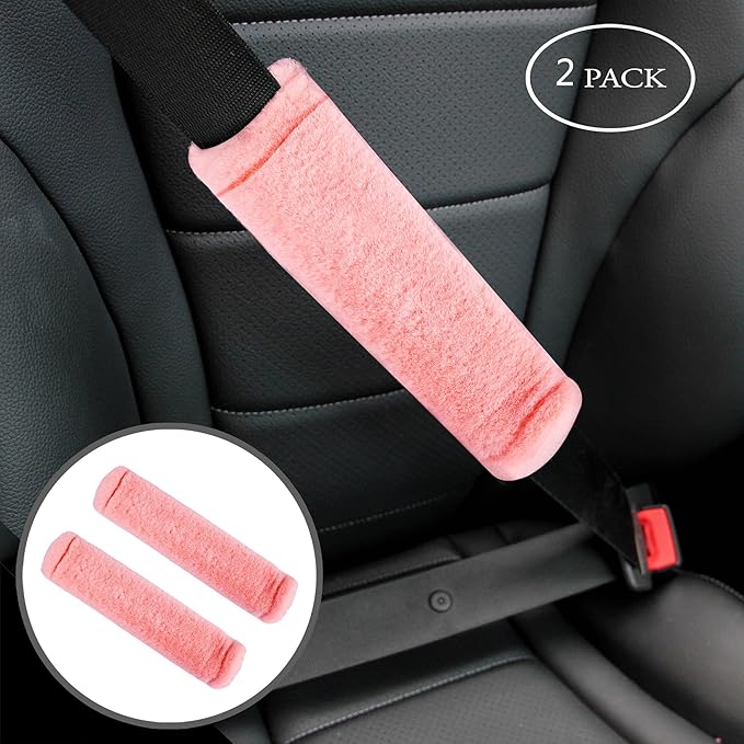 Amooca Soft Faux Fur Universal Fit Seatbelt Cover Car Truck SUV Airplane Seat Belt Shoulder Pad for Carmera Backpack Straps Neck Cushion Protector 2 Pack 10.5in Orange Pink