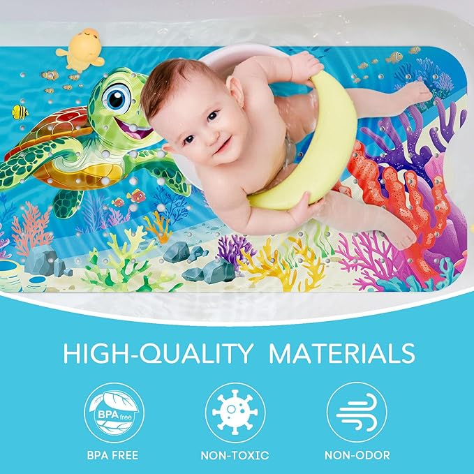 SHUCHING Baby Bath Mat for Tub Non Slip-40 X 16 Inch, Bathtub Mat Non Slip for Kids, Toddler Long Shower Mat for Bathroom, Sea Turtle