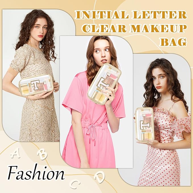 Personalized Initial Letter Clear Makeup Bag,Preppy Small Nylon&PVC Cosmetic Zipper Bag with Chenille Letter,Portable Beach Travel Skincare Toiletry Bag,Trendy Monogram Gift for Teen Girls Women,T
