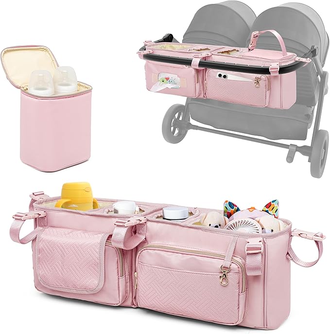 Double Stroller Organizer Compabitle with BOB Duallie and Baby Jogger City Mini GT2 Double Stroller, Double Parent Stroller Caddy Organizer with Cup Holder and Cooler Bag, Pink(Empty Bag)