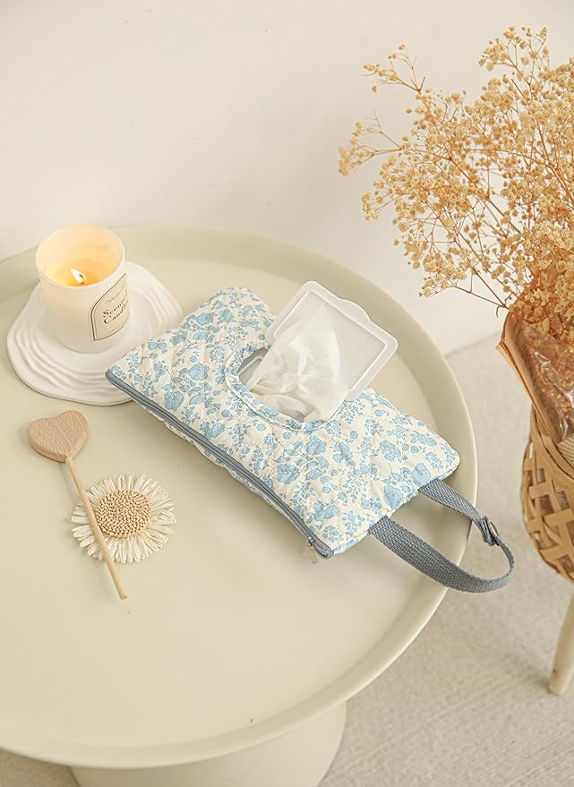 Quilted Baby Wipe Holder Quilted Wipe Pouch Portable Hanging Floral Wet Wipes Bag for Car, Stroller (Blue 4)