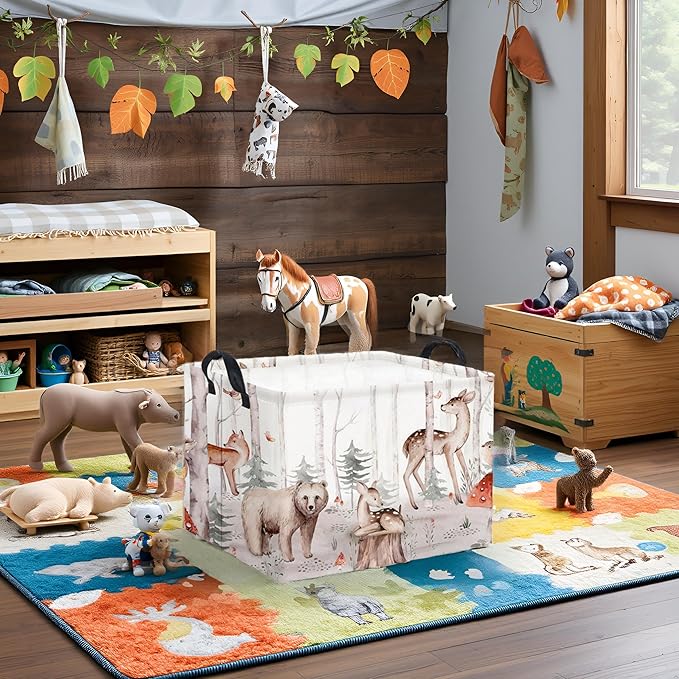 TIBAOLOVER Rectangular Woodland Animal Basket Kids Baby Storage Basket Cute Storage Bin Organizer Shelf Book Woodland Room Decor(Woodland Animal)