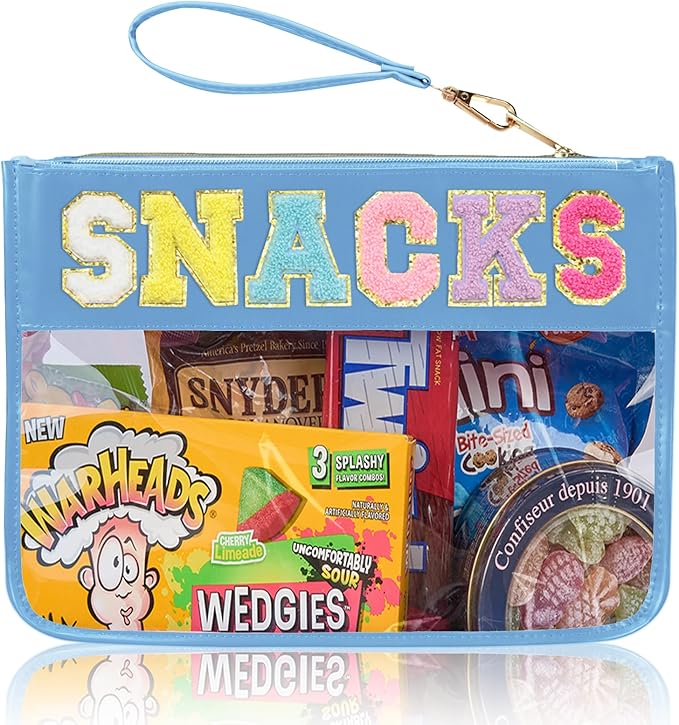 Chenille Letter Clear Zipper Pouch for Travel Preppy Patch Makeup Bag-Nylon Cosmetic Preppy Makeup Waterproof Organizer Bag Set for Women Valentines Bag (BL-snacks)