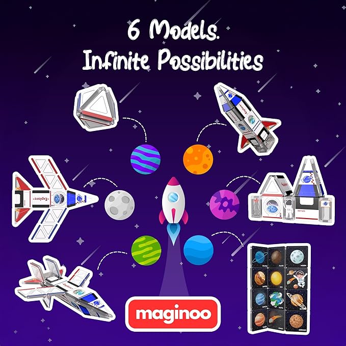 Maginoo 42PCS Mini Magnetic Tiles Space Rocket Travel Set with Iron Box STEM Educational Building Blocks Magnetic Construction Toy for Kids Ages 3 to 8 Creative Gift for Boys and Girls
