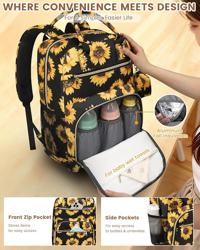 Pritent Diaper Bag Backpack,Baby Essentials Diapers Bag with Pacifier Case,Multipurpose Stylish Large Capacity Travel Backpack for Baby Girl/Boy(M-Sunflower)