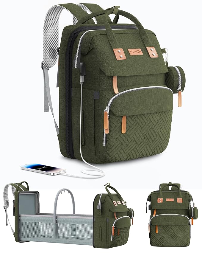 ISMGN Diaper Bag Backpack with Changing Station, Large Diaper Bag, Baby Bag, Multifunctional Diaper Bag, ARMYGREEN