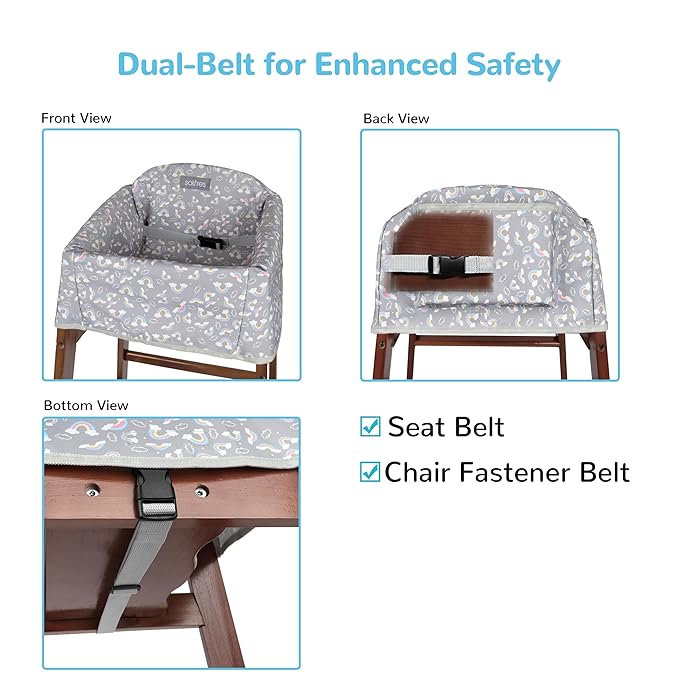 Dual-Belt Baby High Chair Cover, Upgrade Version, for Wooden or Restaurant High Chair, Sturdy and Robust Material, Waterproof Washable Stain and Slip Resistant, Gray Rainbow