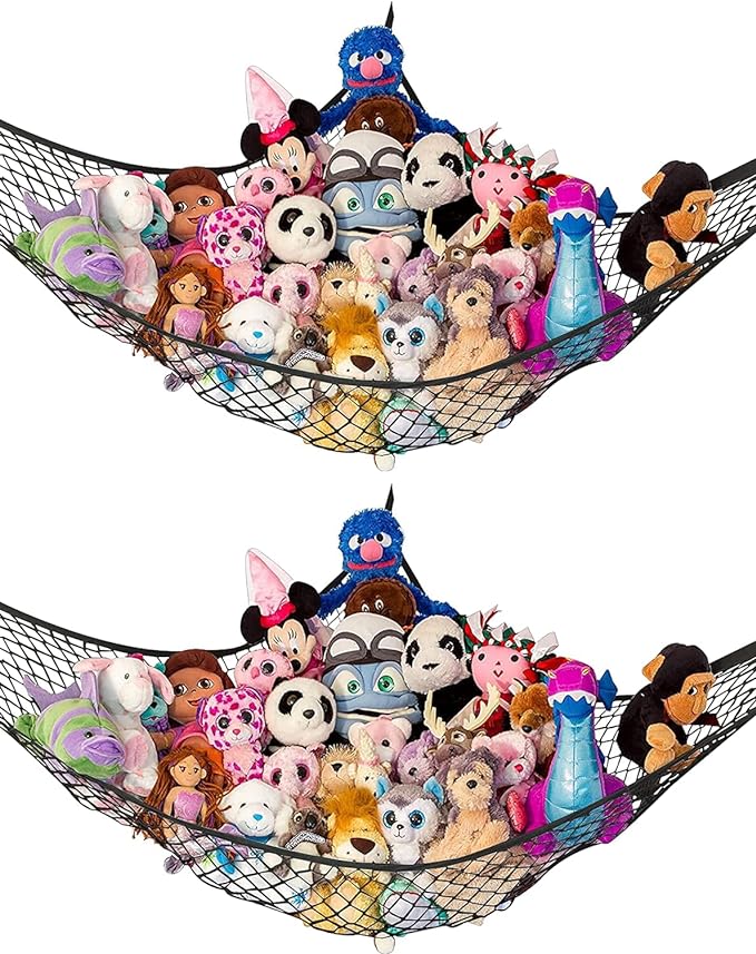 Lilly's Love Large Stuffed Animal Hammock | Corner Hanging Organizer, Toy Storage, Stuffed Animal Storage Net | Made from Quality Fishing Net, Holds 12lbs | 79"x63"x63" (Black, 2 Pack)