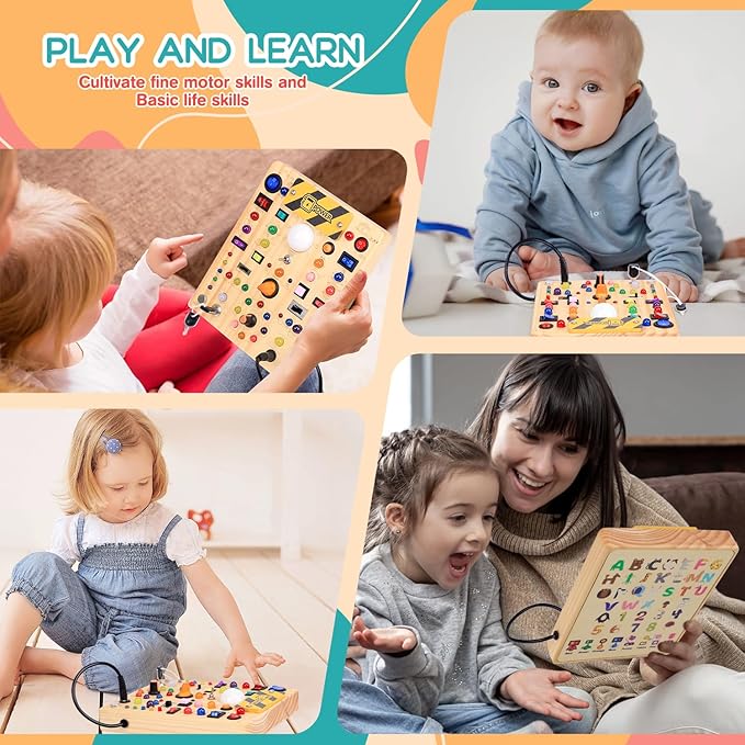 RichBoy Montessori Toy Busy Board with 40 LED Lights, 59-in-1 Sensory Toys for Toddlers, Travel Educational Activity for Airplane, Ideal Christmas Birthday Gift for Boys & Girls (7.8" x 6.5")