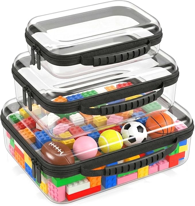 Large Toy Storage Bags with Handle,Clear Hard Shell Zipper Case, 3 Pcs Travel Toiletry Bag,Waterproof toys storage and Organizer Bags for Puzzles,Diapers,Cosmetics,Reusable Organizer Pouch(Black1)