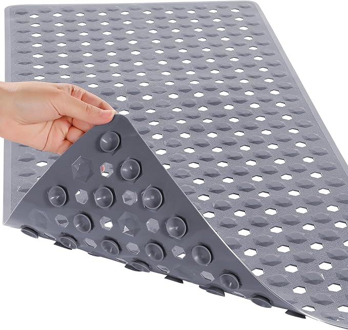 Yimobra Bath Tub Mat Non Slip, 34.5"x15.5" Long Shower Mat, Machine Washable Bathmat with Drain Holes and Suction Cups, Soft on Feet, Bathroom Essentials, Grey