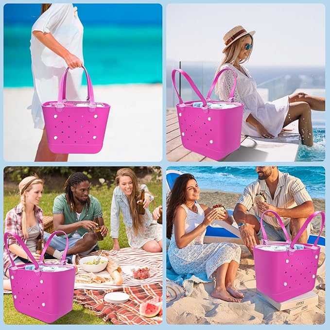 XYFuuee Beach Bag Organizer Insert for XL Simple Modern Bag Accessories, with 8 Removable Metal Fasteners, Extra Large Lightweight Mesh Inserts Divider Pouch, Organizing Rubber Tote, Save Space, Pink