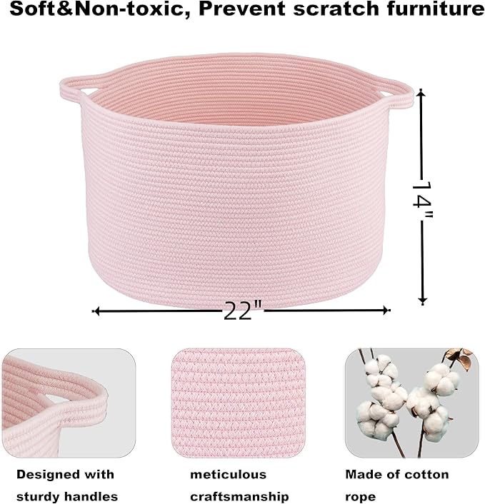 XUANGUO Large Cotton Rope Basket Blankets Basket Living Room 22"x14" Toy Baskets for Kids and Dogs Rope Storage Baskets for Nursery Woven Laundry Baskets for Clothes Towels Baby Toy Storage Round pink