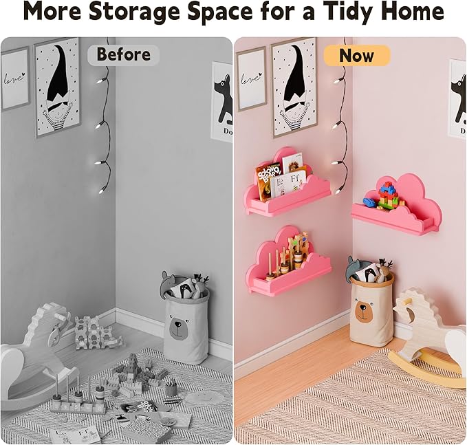Cloud Shelves for Kid’s Room, 13’’ Long Nursery Wall Deor Set of 3, Pink Cloud Bookshelf Floating Shelf, Figure Shelf Wall Mounted, Cute Decorative Cloud Wall Shelf for Toys, Plants & Storage