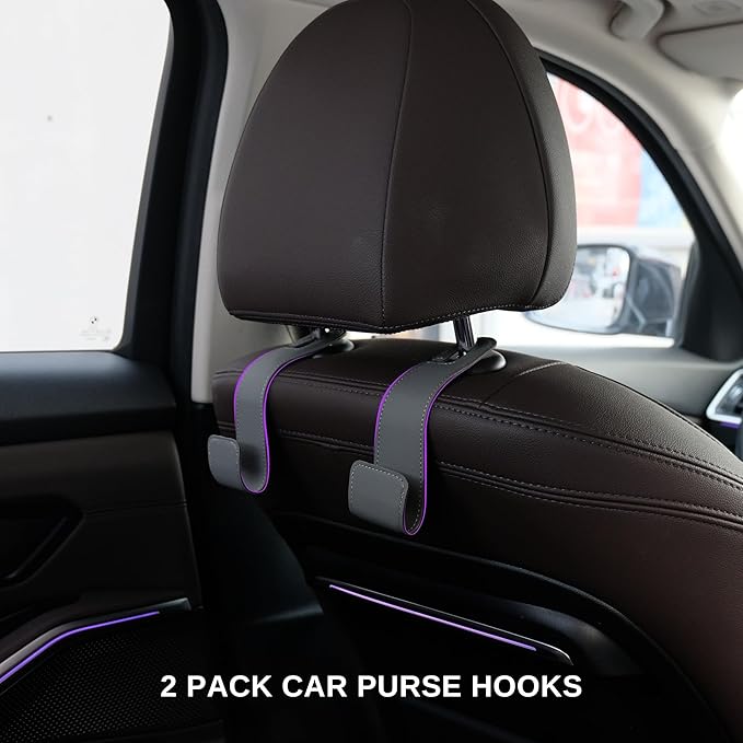 Purse Holder for Car, 2 Pack Upgraded Car Seat Hooks for Hanging Purse and Bag, Leather Headrest Hooks for Car Back Seat, Car Organization Accessories (Gray)