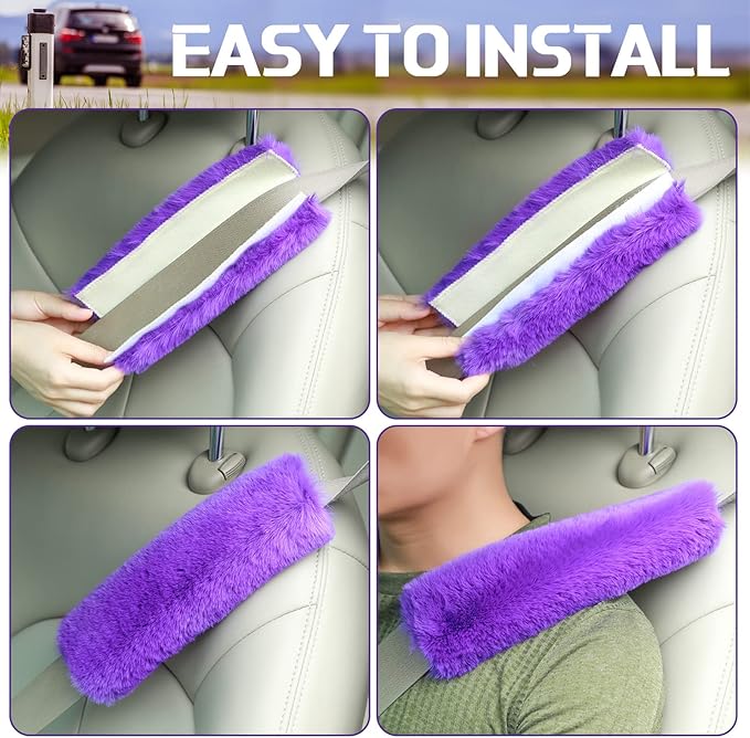 Boao 4 Pack Faux Sheepskin Car Seat Belt Pads Seatbelt Protector Soft Seat Belt Shoulder Strap Cover Comfort Harness Pad(Purple, 9.9 Inch)