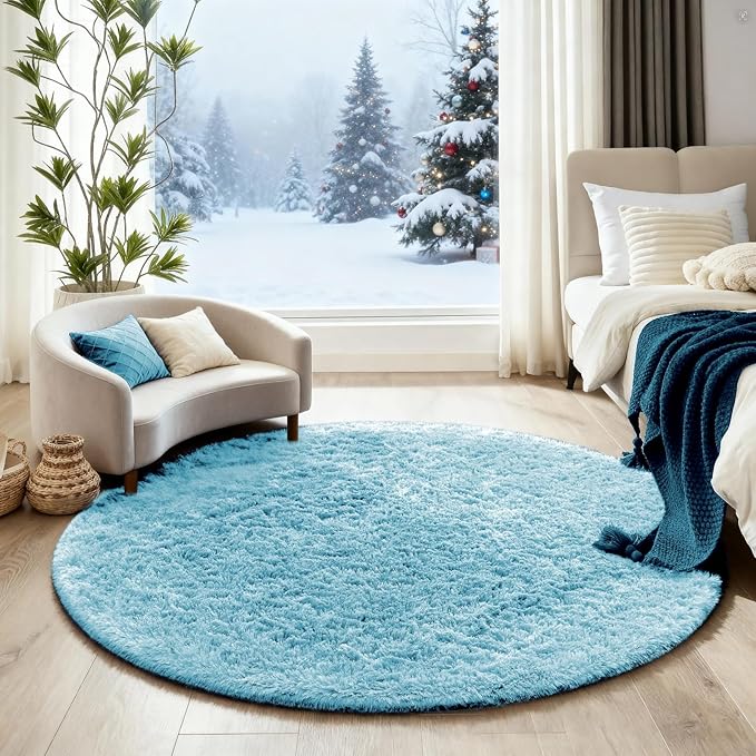 Ophanie Area Rugs for Bedroom Living Room,Color Light Blue,Size 4',Shape Round