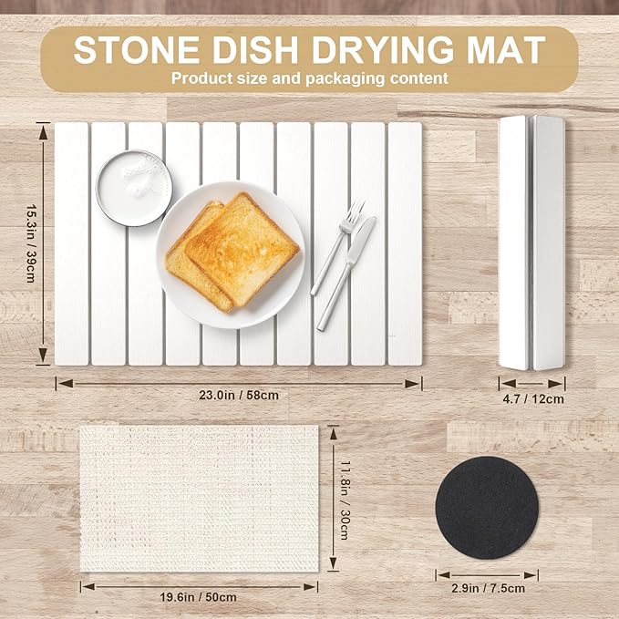 Stone Drying Mat for Kitchen Counter, Foldable Large Stone Dish Drying Mat, Roll up Absorbent Diatomaceous Earth Bath Mat Quick Dry Dishes Bottles Cups for Any Countertop Bathroom 23" x 15.3"