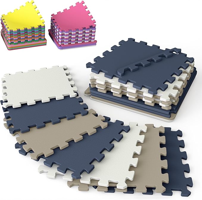 16 Tiles with Borders | 12" x 12" Baby Play Mat Foam Puzzle Floor Tiles | Non-Toxic Soft Waterproof Interlocking EVA Playmat for Nursery Playroom Playpen Toddler Tummy Mat