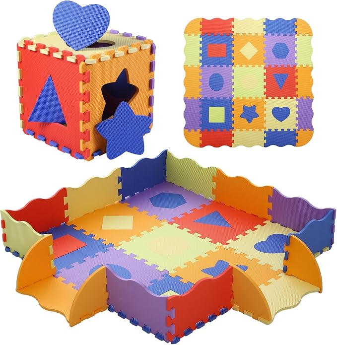 Tamiplay Foam Play Mat for Kids，25Pcs Square Interlocking Puzzle Floor Mat，Baby Play Mat Floor Mat Foam Puzzle Playmat for Toddlers with Fence（Shape-CSH028