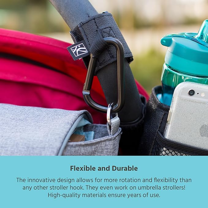 J.L. Childress Clip 'N Carry Stroller Hooks - Universal Stroller Clips with Non-Slip Straps - Durable Carabiners to Hold Watter Bottles & Bags - 2 Pack - Perfect for Uppababy & more - Black