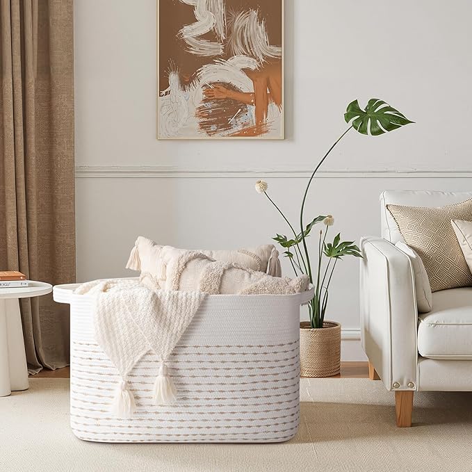 OIAHOMY 108L Extra Large Blanket Basket, 25”x16”x16” Rectangle Woven Cotton Rope Baskets for for Living Room, Toy Storage with Handle- Light Yellow & White