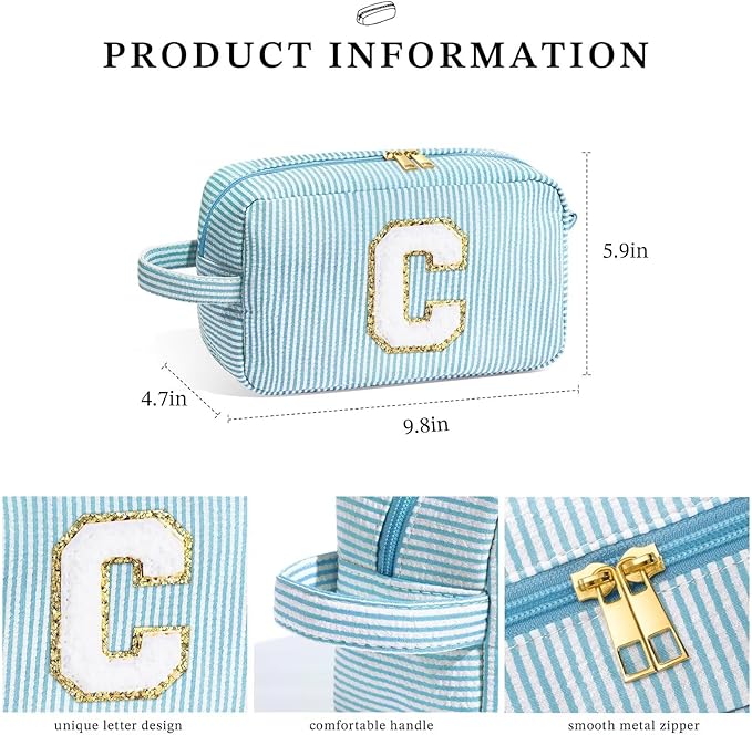 YOOLIFE Gifts for Women Teen Girls Kids - Initial Makeup Bag Cosmetic Case Toiletry Pouch, Birthday Gifts for Women Friends Sister Teacher, Light Blue K