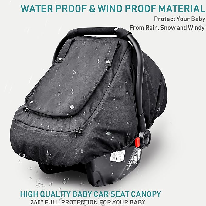Waterproof Baby Car Seat Cover，YVMVDV Patented Cold Weather Carseat Cover for Babies,Infant Car Seat Cover Canopy for Boy Girls,Windproof Car Seat Canopy, Keeps Babies Warm and Cozy Black