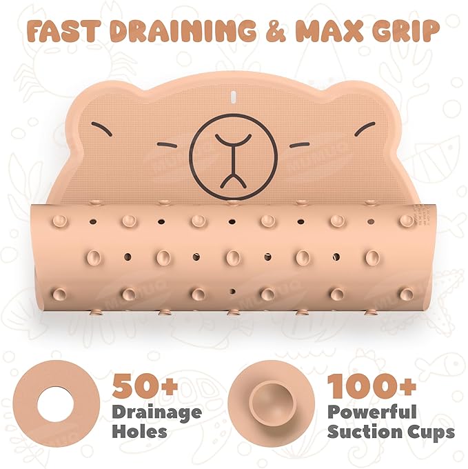 Non Slip Shower Mat Baby Bath Tub Mat Ruber Cartoon Capybara Bathtub Mats for Toddlers and Kids Cute Bath Mats with Suction Cups and Drain Holes 30"x18", Brown