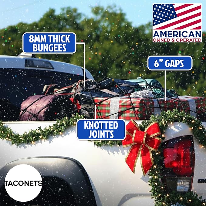 TacoNets Cargo Net for Toyota Tundra - Fits 2007-2025 - Patented Bed Rail Integration - Heavy Duty 8mm Premium Bungee 4'x6' Cargo Netting - Designed in USA