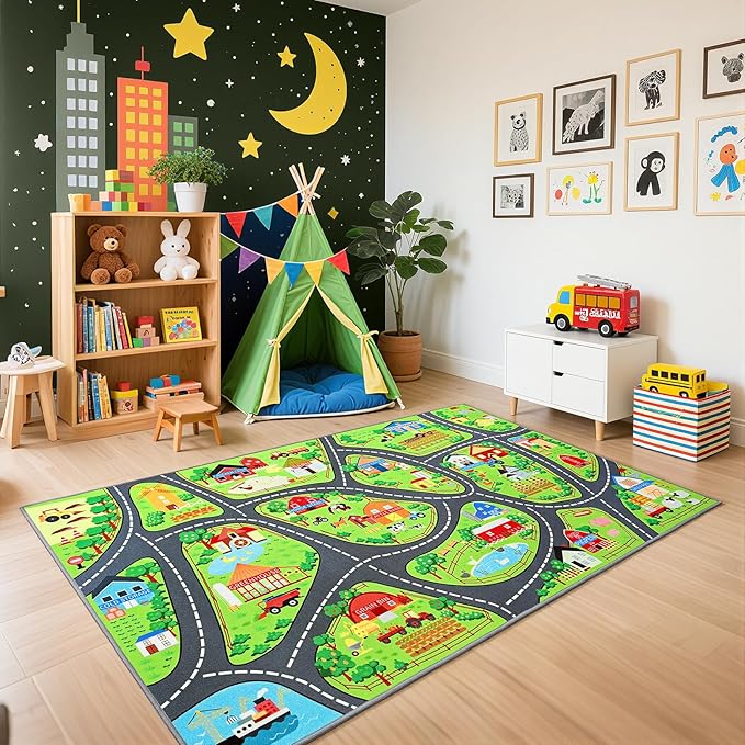 Farmyard Adventure Play Rugs, Educational and Fun Farm Play Mat for Kids, 4x6ft Non-Slip Playmat with Barns, Animals & Crops for Imaginative Play, Nursery, Playroom and Classroom