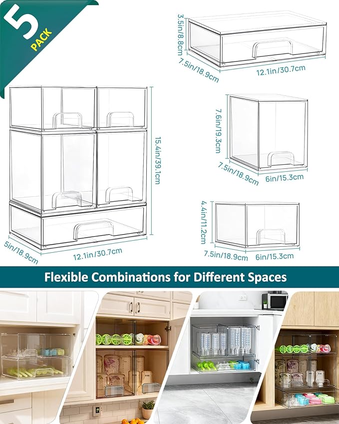 Azorteja Baby Bottle Organizer for Countertop, 5Pack Stackable Baby Organizers and Storage for Bottles, Clear Acrylic Container with Drawer for Kitchen, Cabinet, Vanity, Bathroom, Pantry Organization