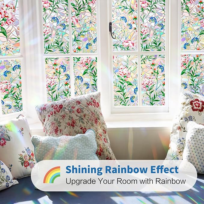 Niviy Stained Glass Window Film with Installation Tools, Heat Blocking Rainbow Window Film for Glass Doors, 3D Floral Decorative Static Cling for Home, Bathroom, Door 35.4 x 78.7 inch
