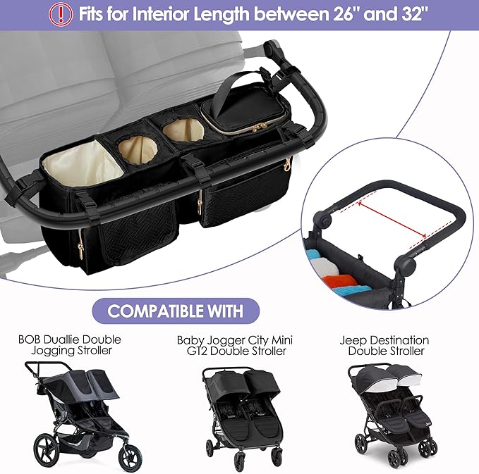 Double Stroller Organizer Compabitle with BOB Duallie and Baby Jogger City Mini GT2 Double Stroller, Double Parent Stroller Caddy Organizer with Cup Holder and Cooler Bag, Black(Empty Bag)