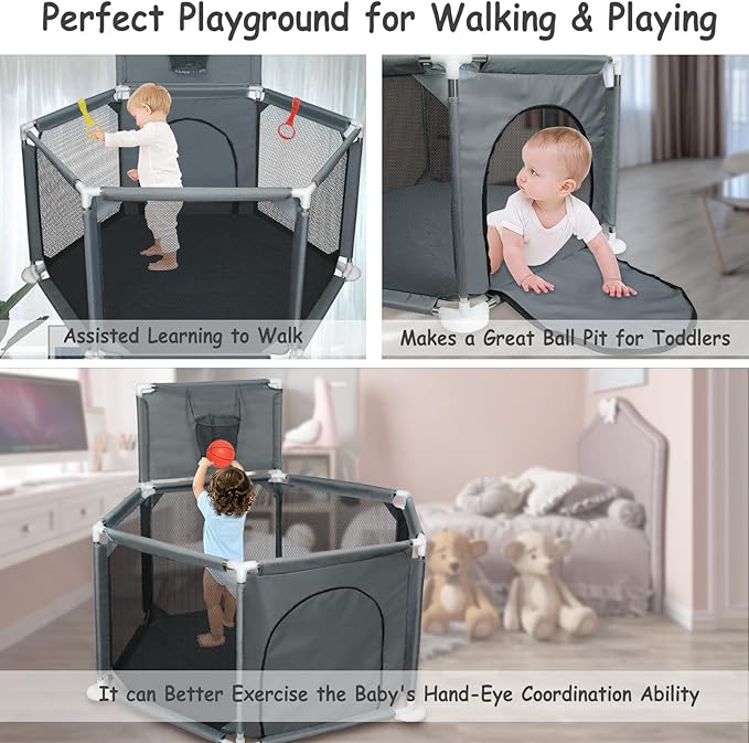 Baby Playpen, 50x50 Inch Playpen for Babies and Toddlers, Small Baby Play Yard, Indoor Outdoor Safety Activity Center Play Pen with Breathable Mesh and Basketball Hoop, Grey