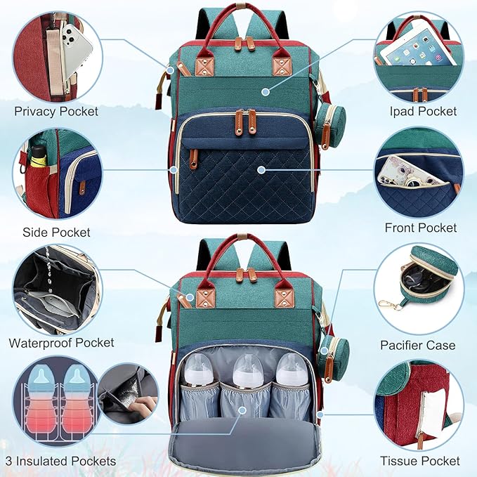 SHITIESHOU Diaper Bag Backpack Baby Bag, Baby Girl Boy Diaper Bag for Dad Mom with Pad, 16 Pockets, Pacifier Case, Large Diaper Bags Unisex for Travel (Colorful)