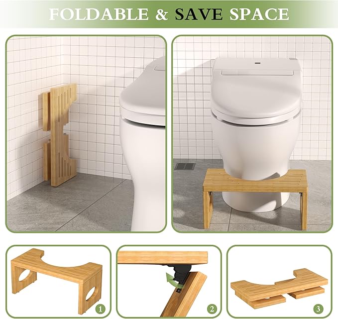 7 Inch Bamboo Toilet Stool, Foldable Poop Stool, Bathroom Step Stool Squat (Natural)
