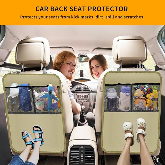 Zecirl 2 Pack Kick Mat Backseat Protector,Back Seat Cover for Kids,Car Seat Back Protectors with 2 Pocket Storage Organizer for Car, SUV, Minivan or Truck Seats (Beige)