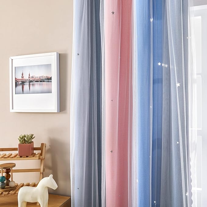 XiDi Curtains for Bedroom Decor, Rainbow PinkGreyBlue-52-54