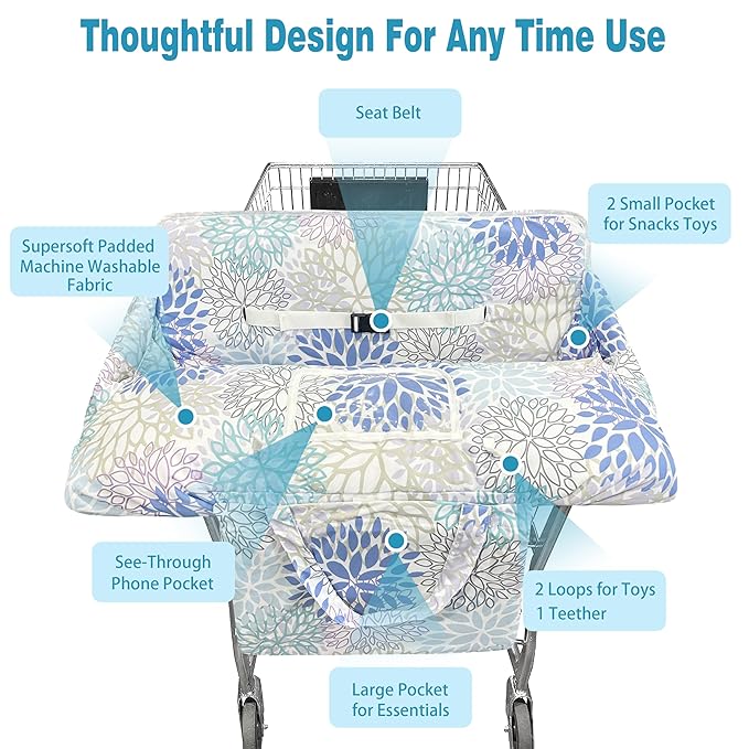 Shopping Cart Cover for Baby,2-in-1 High Chair Cover Soft,Portable,and Machine Washable,Comfortable Cotton Seat Pad with Safety Harness and Portable Cloth Bag,Fits All Supermarkets and Restaurants
