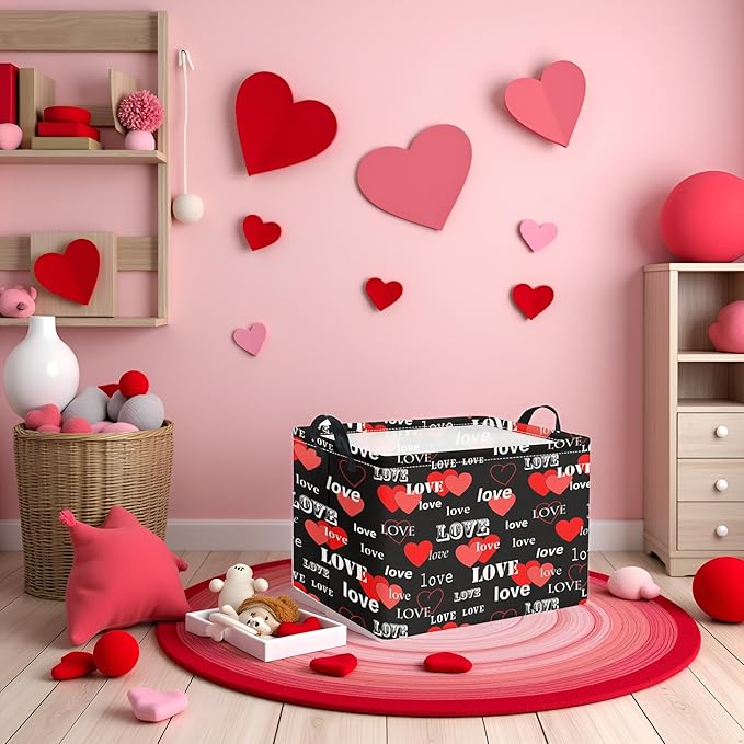 TIBAOLOVER Rectangular Valentines Basket for Home Kitchen Girls Cute Kids Storage Bin Organizer Shelf Book Room Decor(Black Red Love)