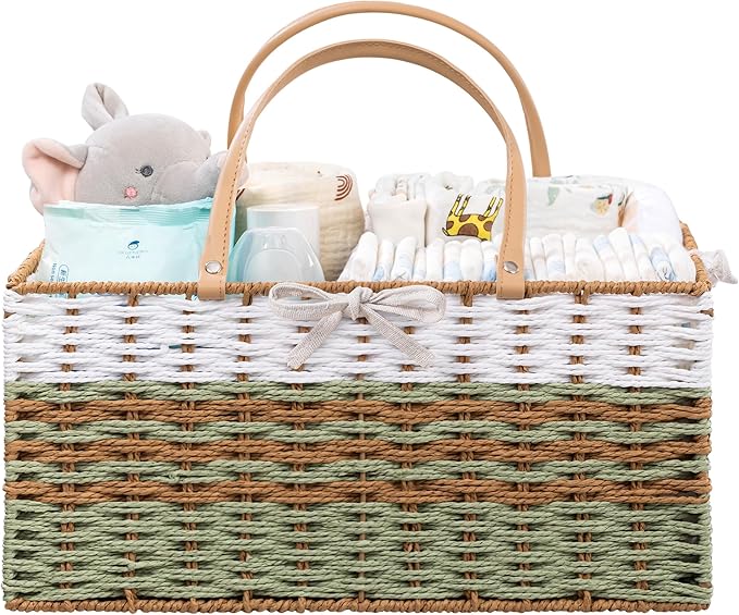 HBlife Large Baby Diaper Caddy Organizer, Paper Rope Storage Baskets Nursery Bin with Removable Divider, Portable Car Organizer for Diapers, Baby Shower Gifts, Newborn Essentials Must Haves