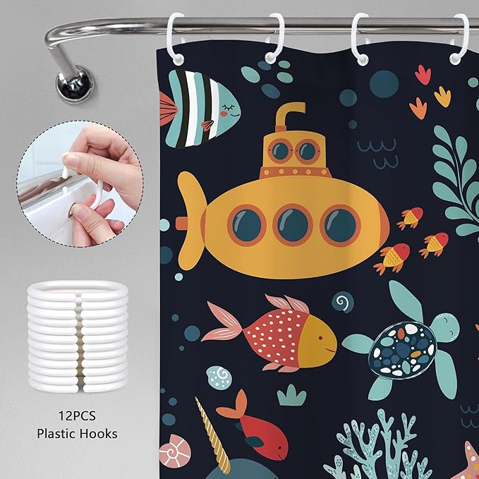 Kids Shower Curtain Ocean Whale Cute Cartoon Funny Sea Animal Fish Bathroom Decor Underwater Coastal Submarine Nursery Baby Boys Girls Black 60Wx72H Bath Curtain Fabric Polyester 12 Pack Hooks