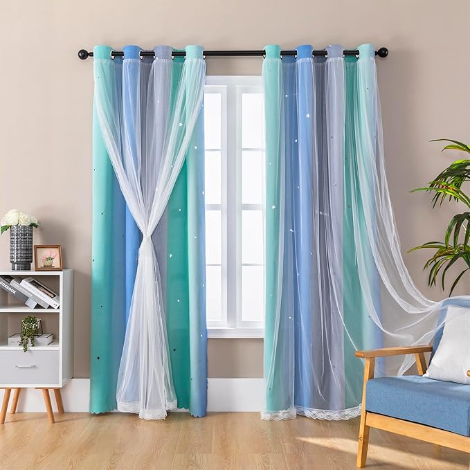 XiDi Girls Curtains for Bedroom 96 Inches Long 2 Panels Blue Green Grey Ombre Rainbow Blackout Grommet Curtains for Little Girl Kids Room Decor Living Room, Princess Unicorn Wall Decals Drapes 52x96