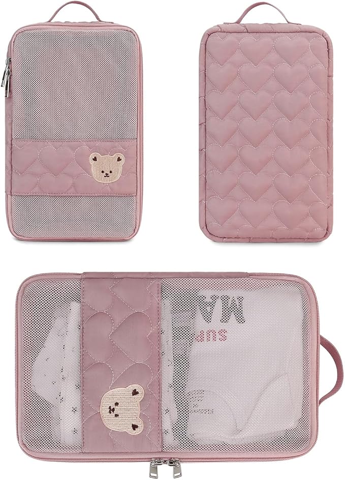 Baby Diaper Bag Organizer Pouches - 2 Pack Waterproof Pod Hanging Diaper Bag Cute Bear Mesh Bag Reusable, Washable or Baby Cloth Diapers (Green&Pink)