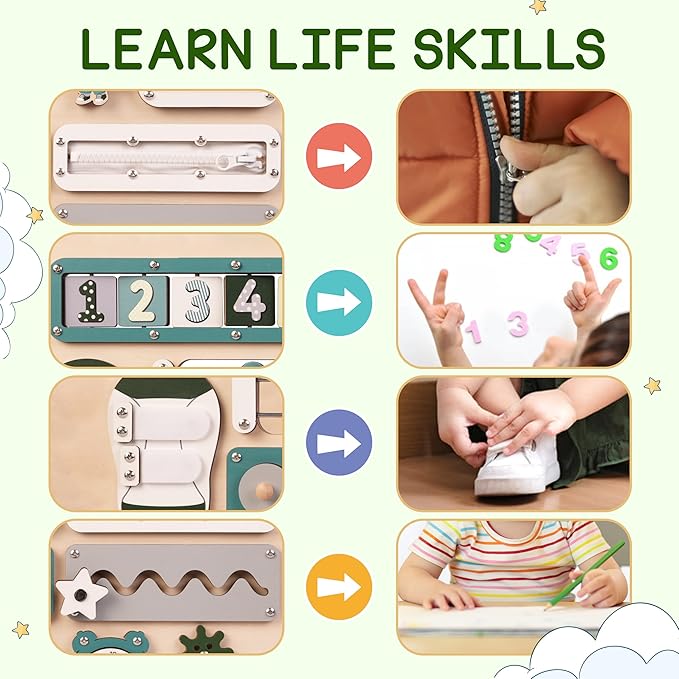 KALOTOYS Large Busy Board Montessori Toys for 1 2 3 Year Old - Sensory Toys for Toddlers 1-3 - Fine Motor Skills & Early Learning - Montessori Gift for Boys & Girls - Travel-Friendly & Safe (Green)