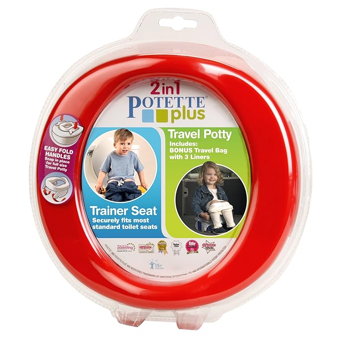 Kalencom Potette Plus 2-in-1 Travel Potty and Trainer Seat - Dual-Purpose Potty Training Toilet Seat - Portable Potty for Toddler Travel - With Durable, Lock-In Legs and Splash Guard - Red