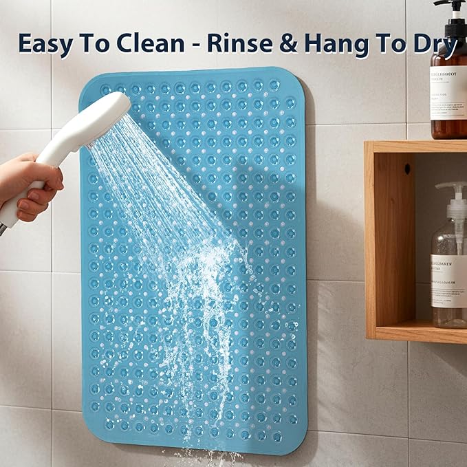 Large Shower Mat 21.5x33.5 Inch Clear Blue, Soft Non Slip Shower Mats for Inside Shower with Big Suction Cups Drain Holes, Extra Large Bath Bathtub Mat Floor Stall Mats, BPA-Free, Easy Clean