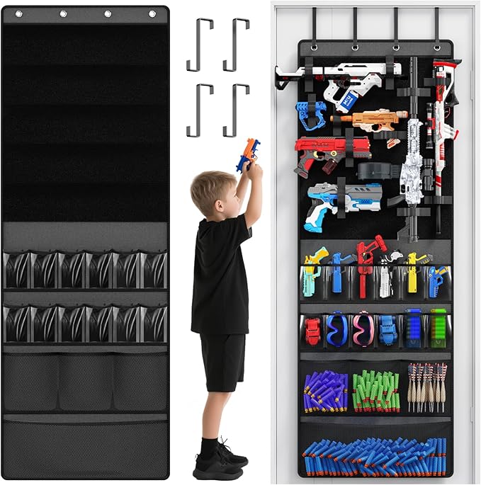Mefirt Over The Door Organizer for Toy Guns, Toys Storage Door Hanger with Pockets and Slots for Kids Foam Blasters, Darts, Goggles, Over Door Toys Storage Organizer, for Kids Rooms, Game Rooms, Gray