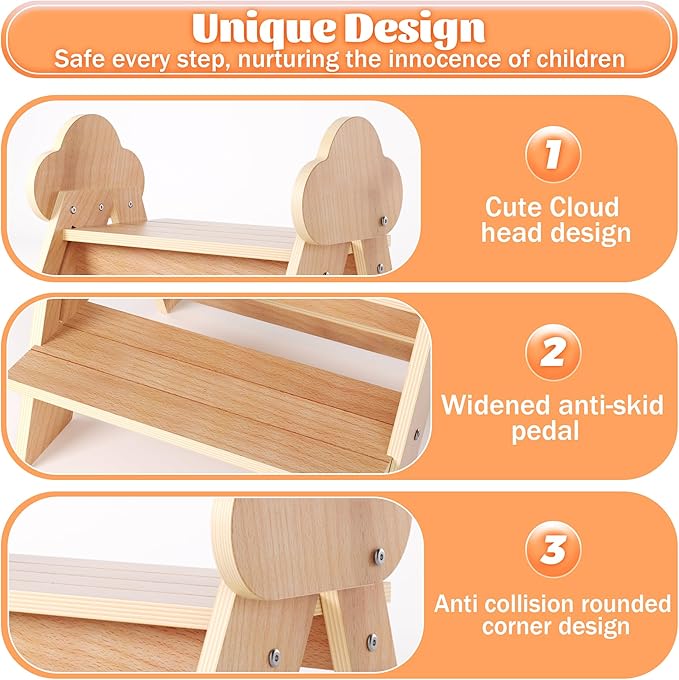 Novarieth Beech Wooden Toddler Step Stool, 2-Step Foldable Stool for Kids with Non-Slip Surface, Baby Bathroom Stool for Potty Training, Bathroom Sink, Kitchen Counter with Cute Cloud Design